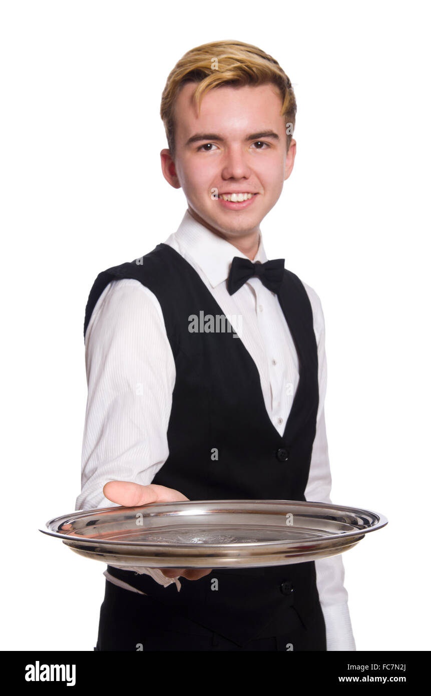 Waiter holding plate isolated on white Stock Photo Alamy