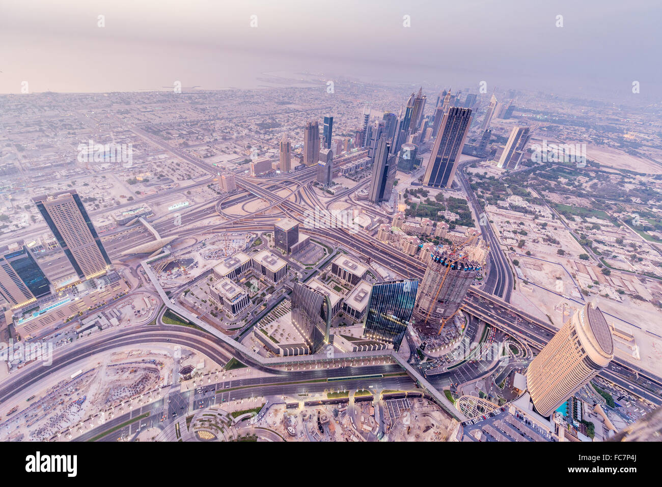 Panorama of night Dubai during sandstorm Stock Photo