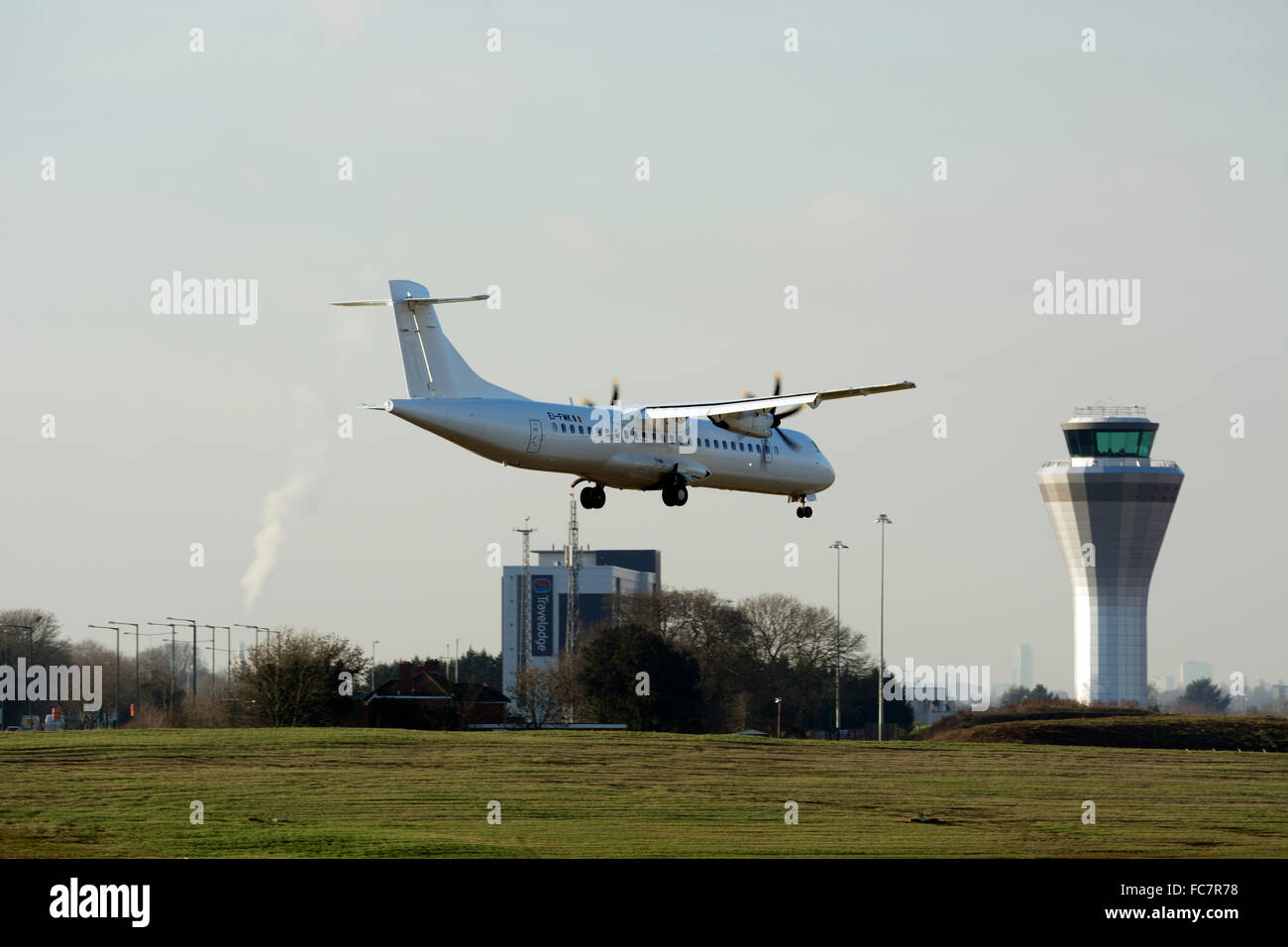 Stobart Air ATR72 aircraft landing at Birmingham Airport, UK (EI-FMK) Stock Photo