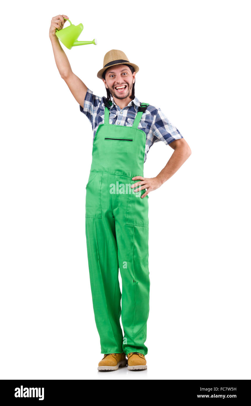 Young cheerful gardener with watering can isolated on white Stock Photo ...
