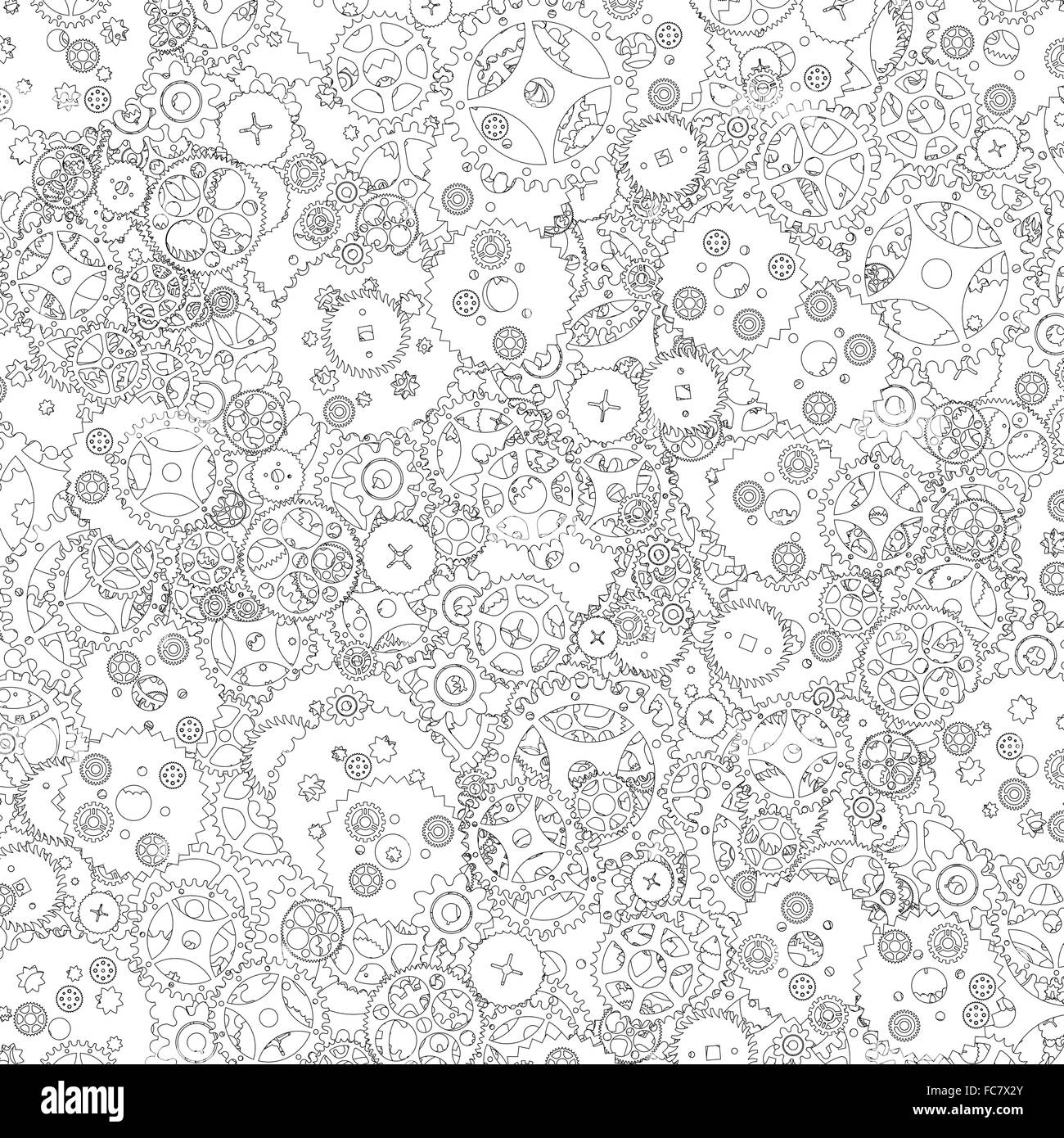 Clockwork pattern lineart / Cogs and clockwork parts lineart pattern Stock Photo