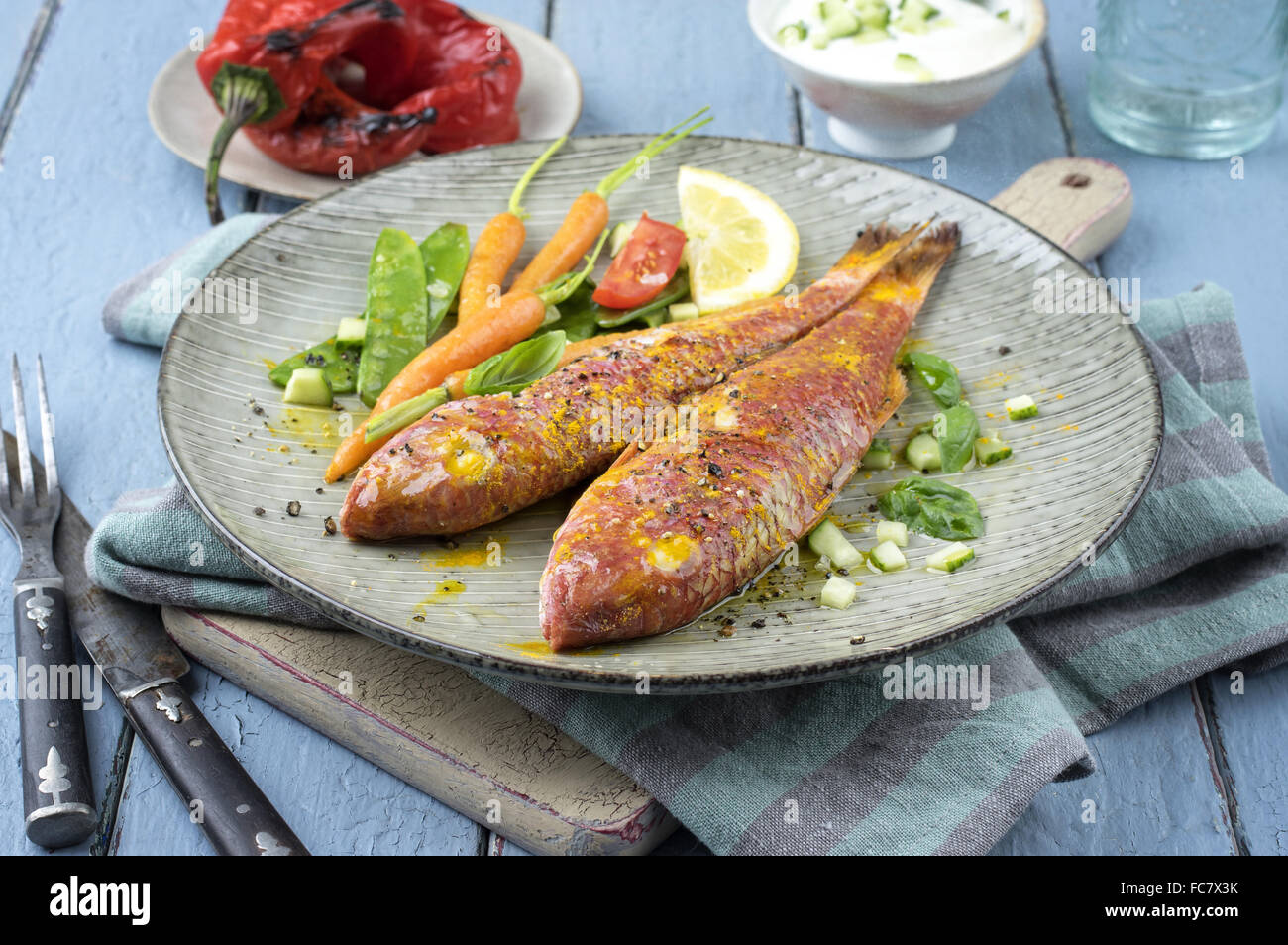 Parbecue Red Mullet on Plate Stock Photo