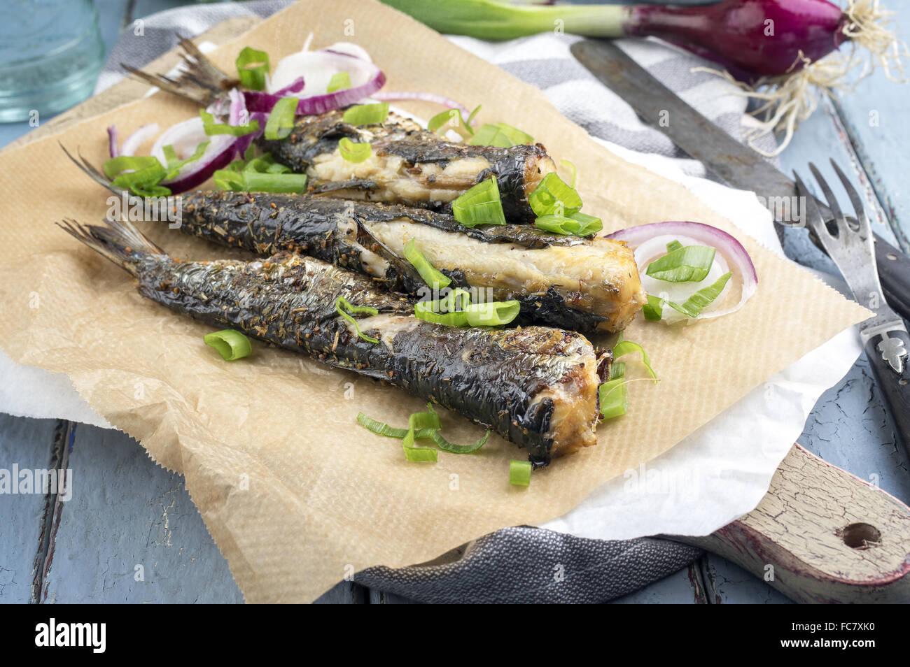Barbecue Sardine on Plate Stock Photo