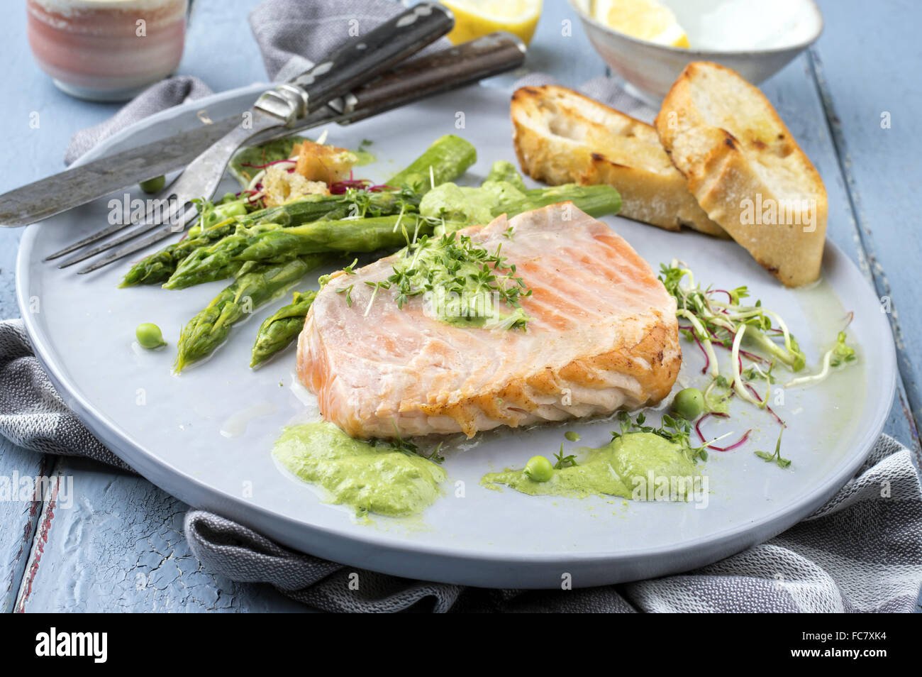 Salmon with Green Asparagus Stock Photo