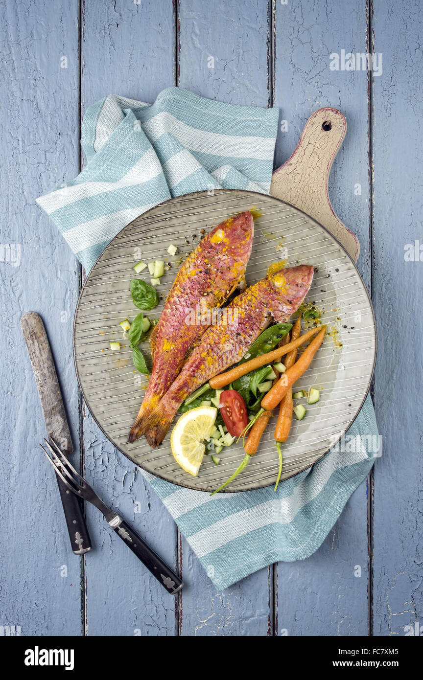 Barbecue Red Mullet on Plate Stock Photo