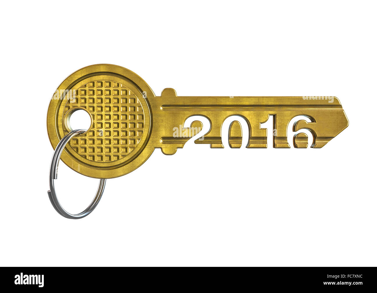 House key 2016 / 3D render of metallic key with year 2016 Stock Photo