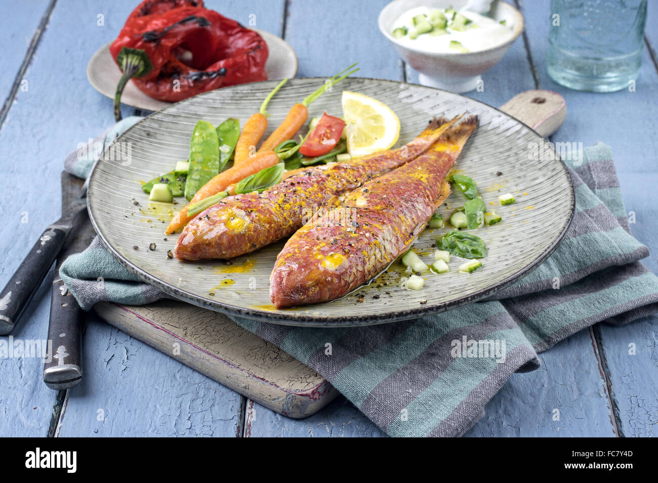 Barbecue Red Mullet on Plate Stock Photo