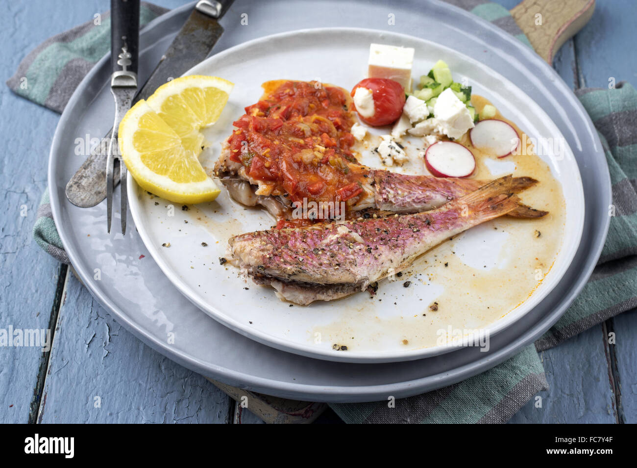 Barbecue Herring on Plate Stock Photo