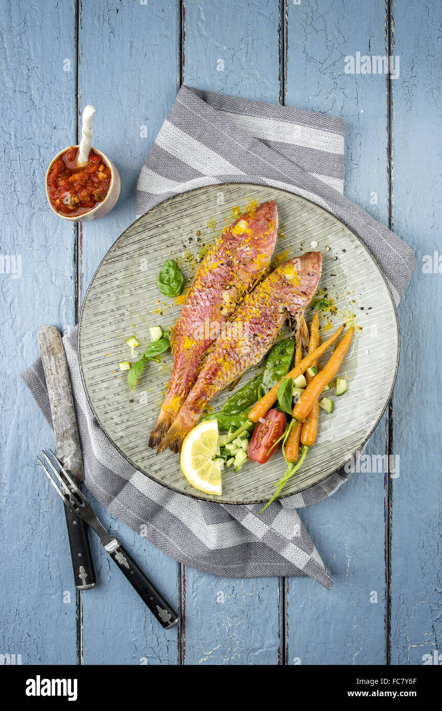 Red Mullet on Plate Stock Photo