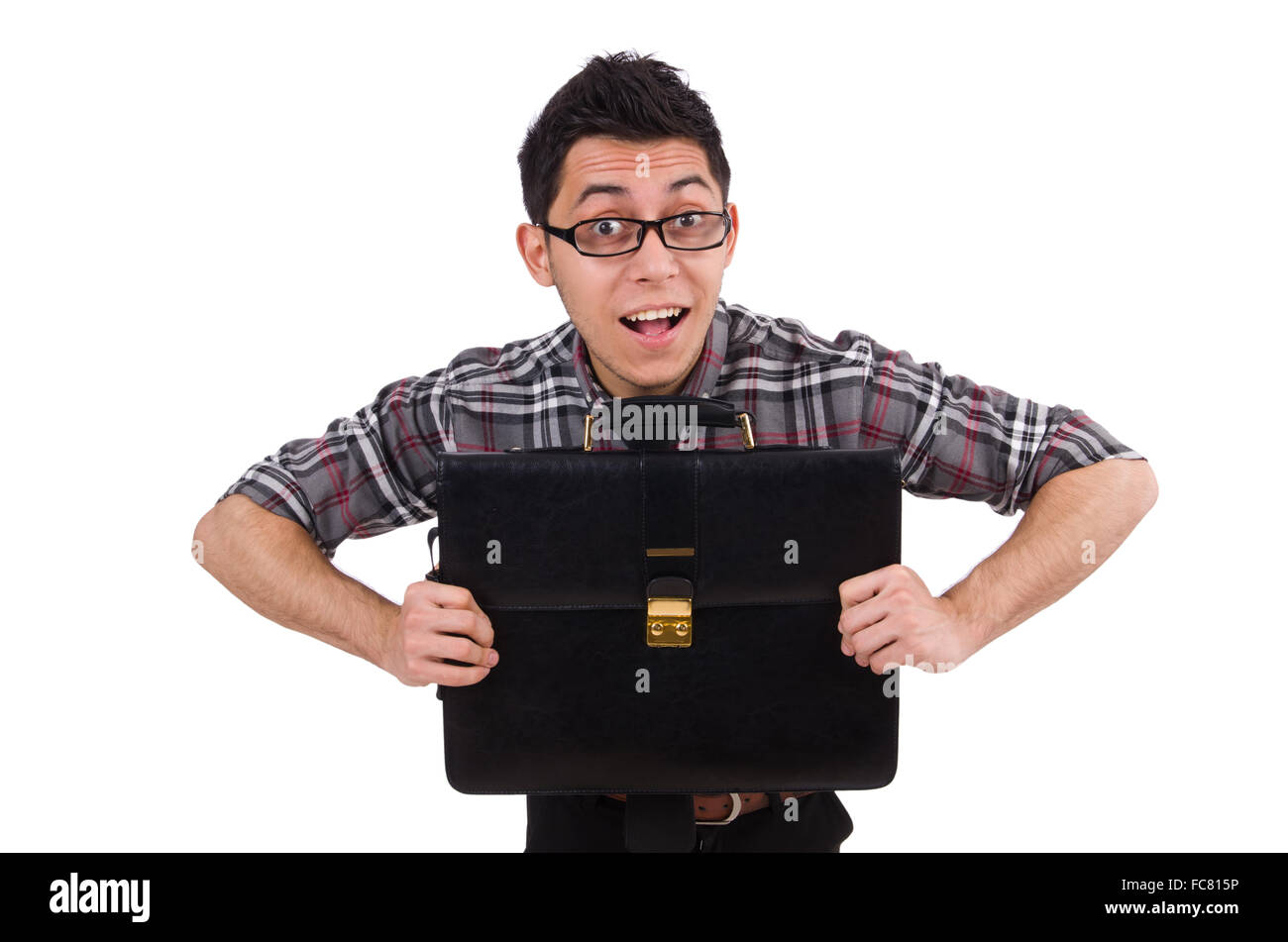 Young employee with briefcase isolated on white Stock Photo - Alamy