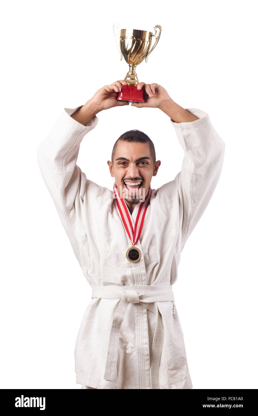 Funny karate fighter with cup on white Stock Photo - Alamy