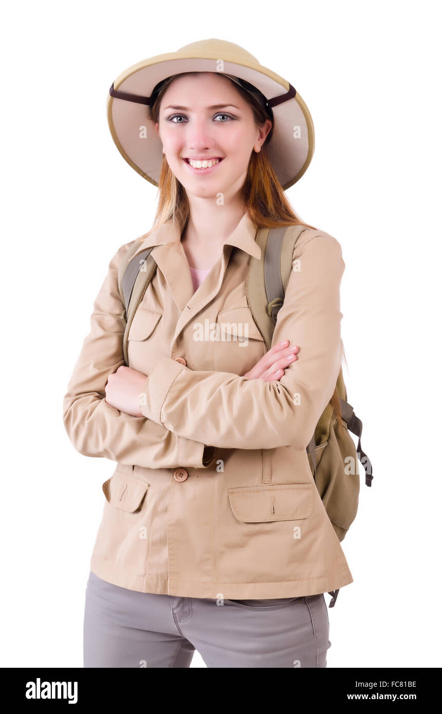 Woman wearing safari hat on white Stock Photo Alamy