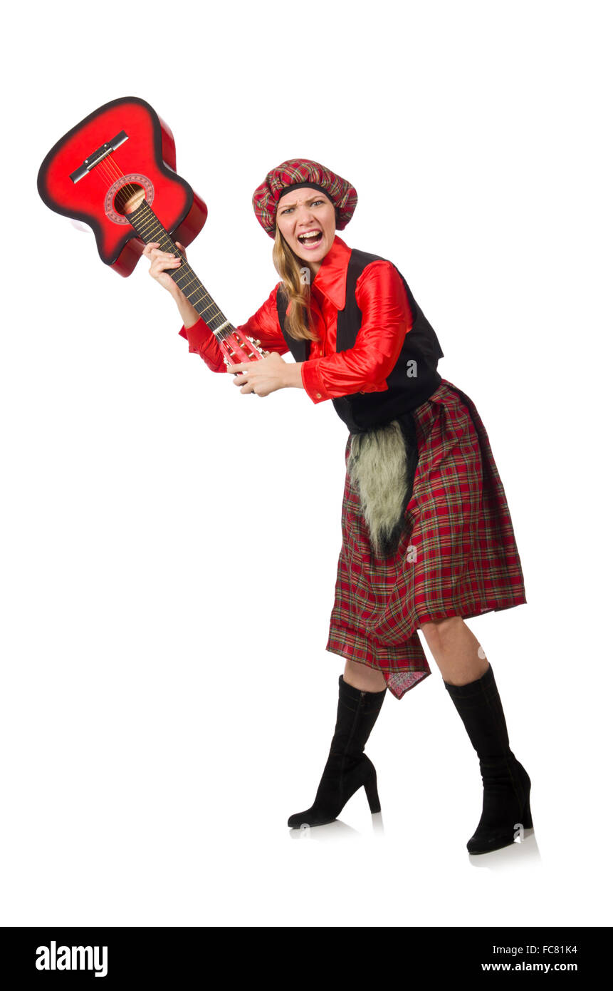 Funny woman in scottish clothing with guitar Stock Photo - Alamy