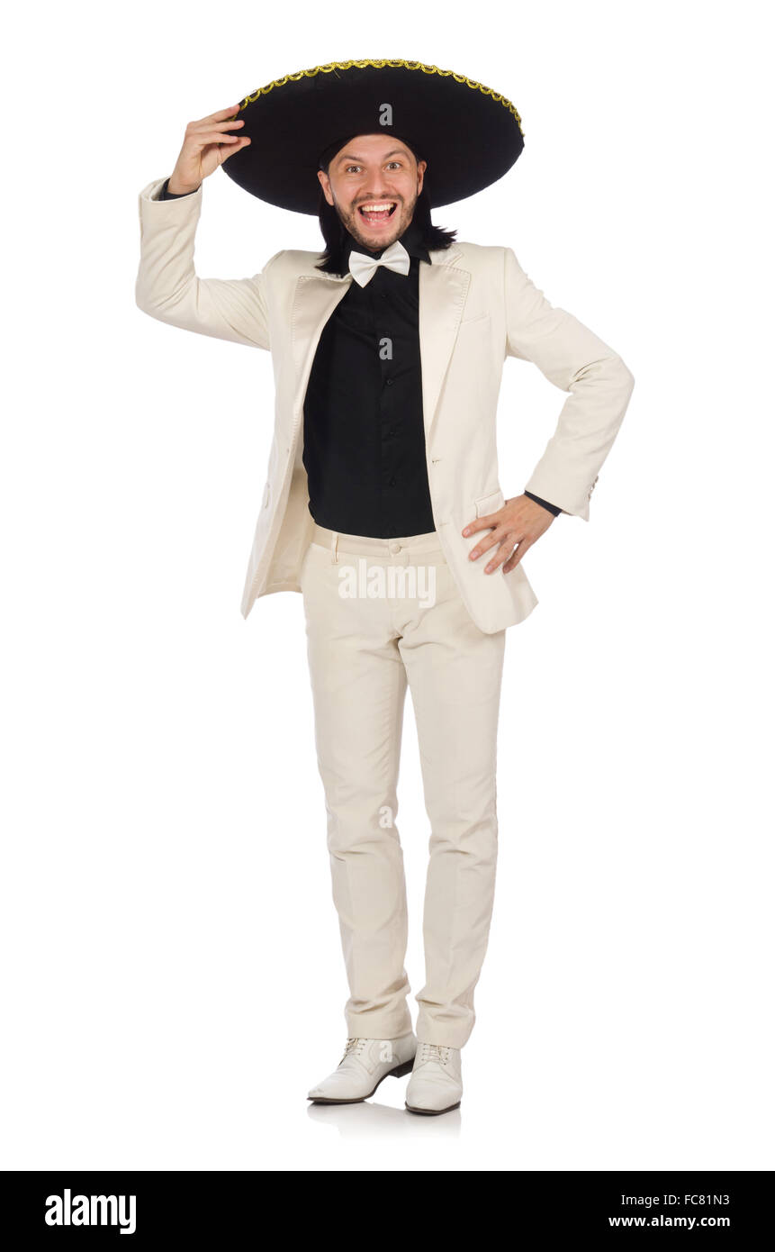 Funny mexican in suit and sombrero isolated on white Stock Photo