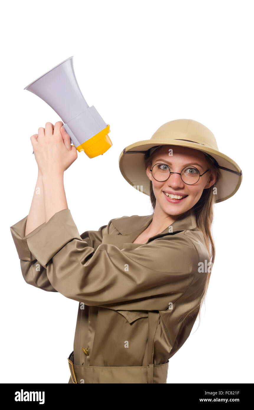 Woman wearing safari hat on white Stock Photo Alamy