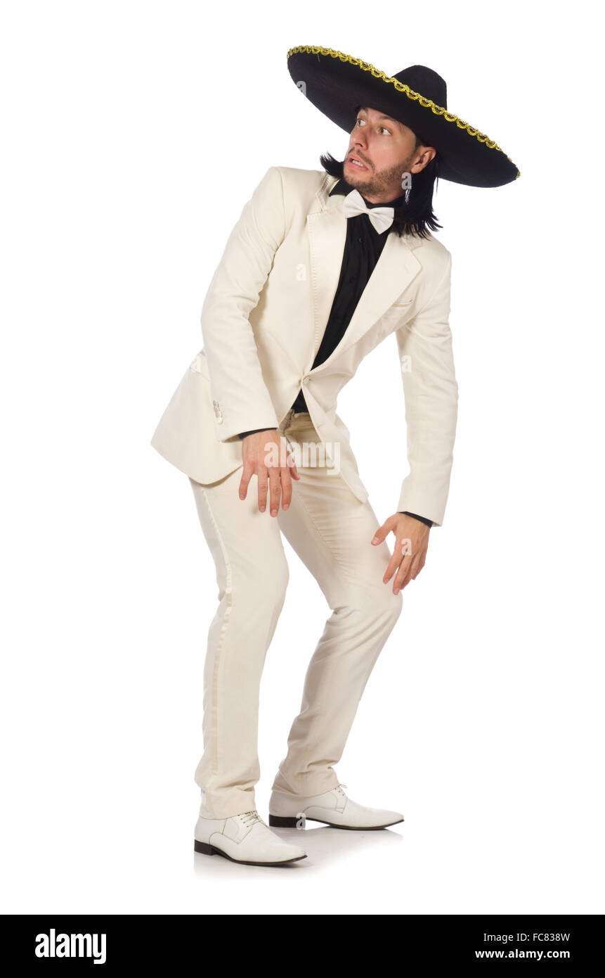 Funny mexican in suit and sombrero isolated on white Stock Photo