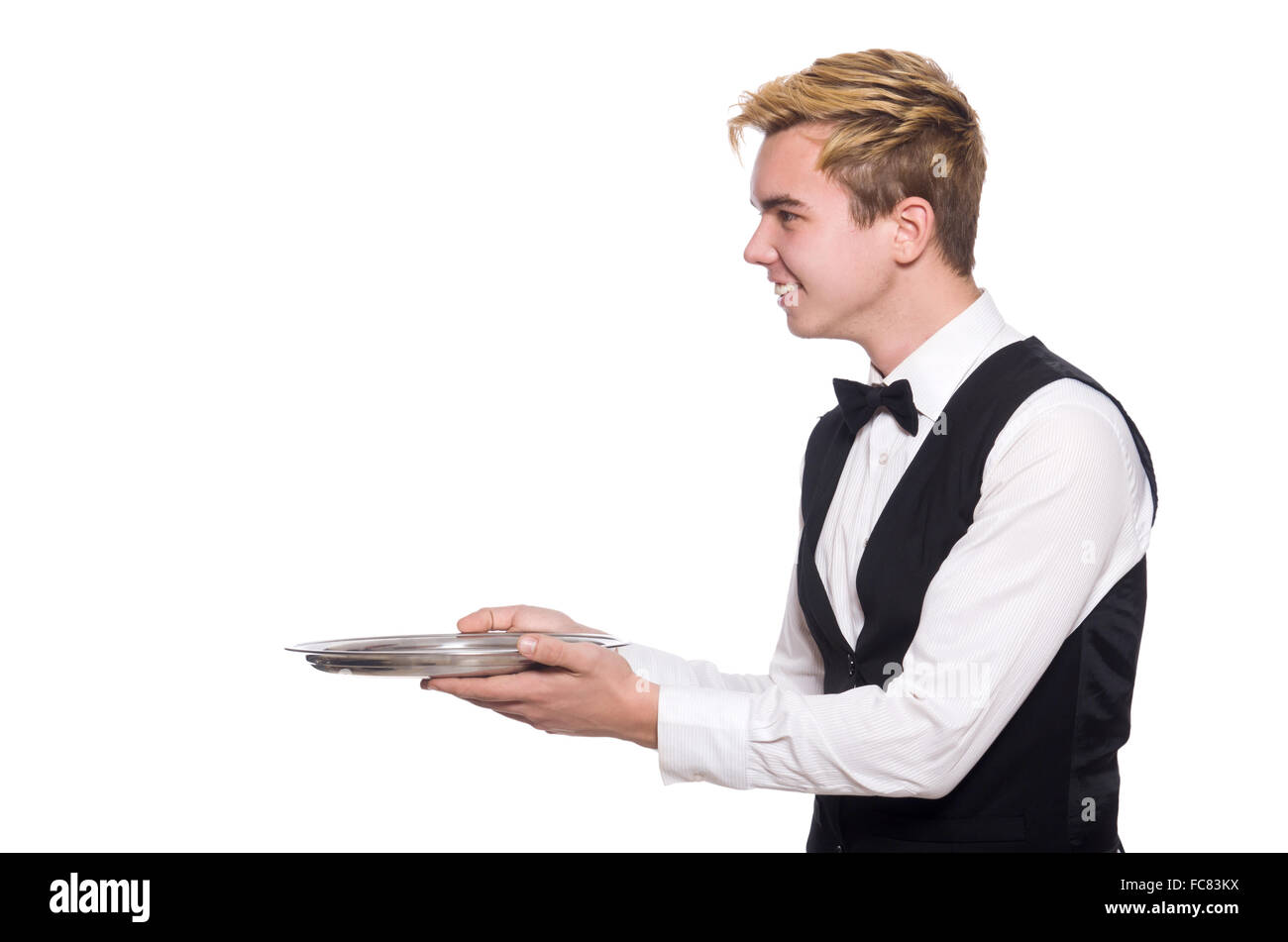 Waiter holding plate isolated on white Stock Photo Alamy