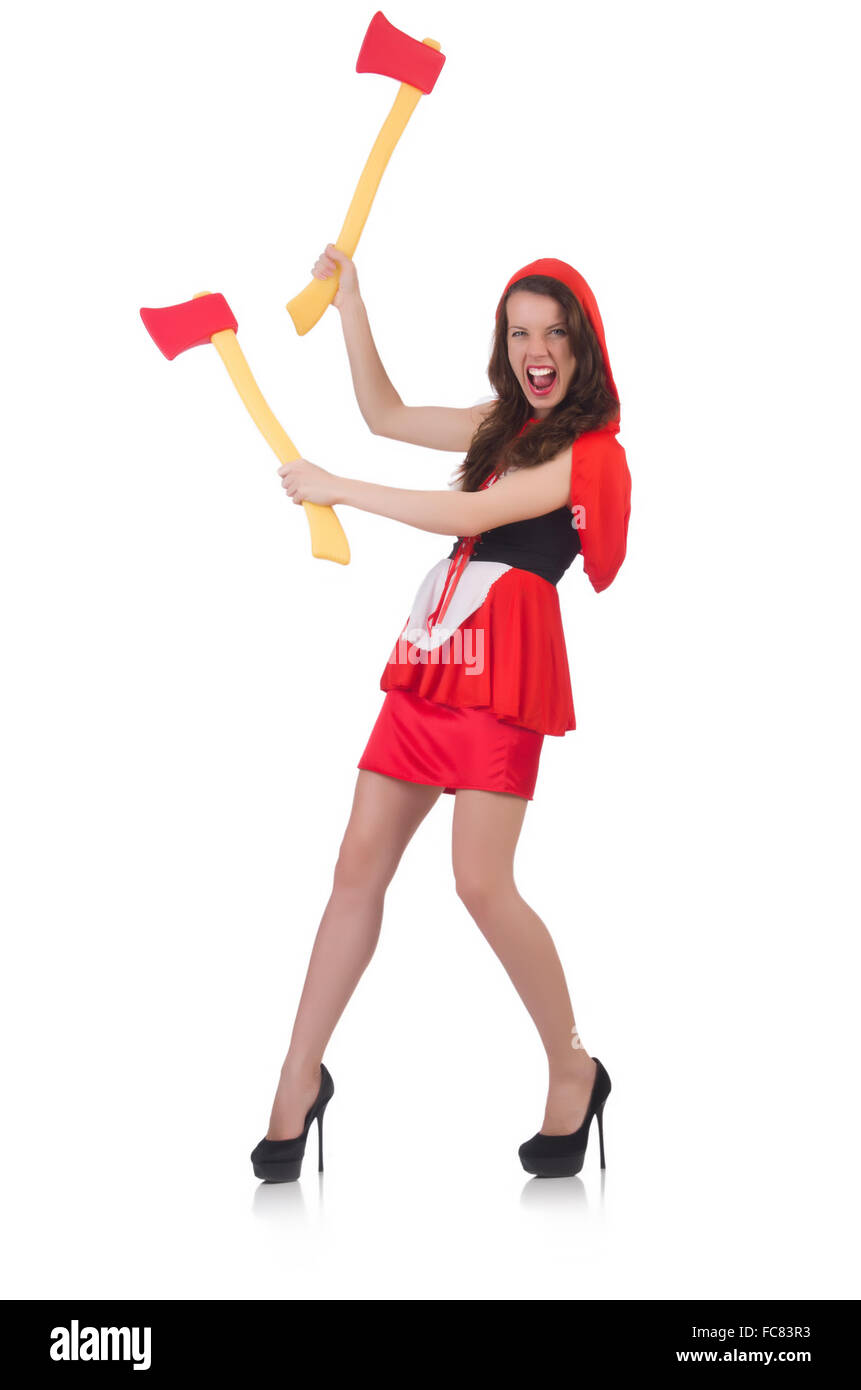 Funny woman with axe isolated on white Stock Photo