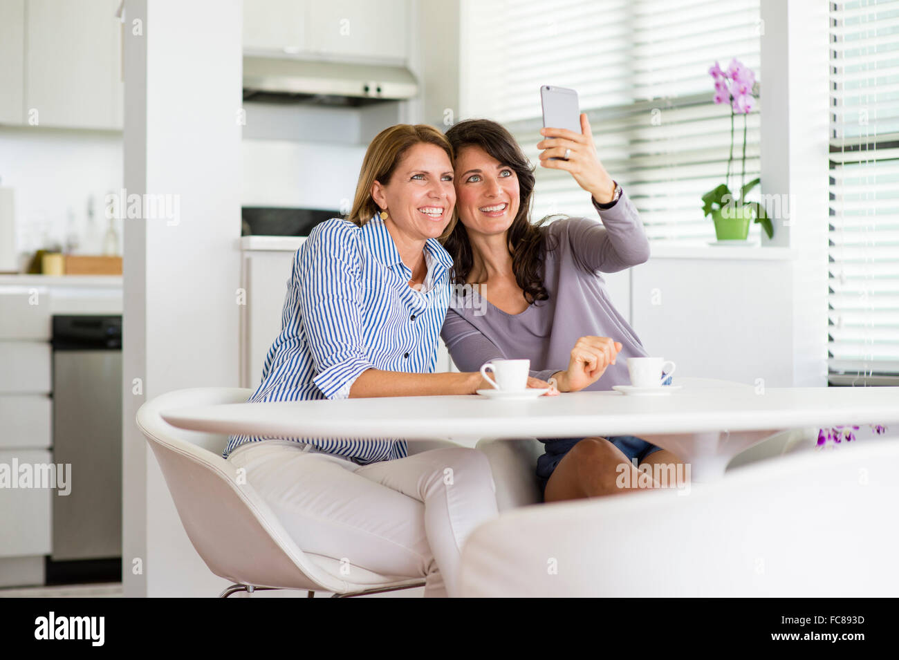 Caucasian women taking selfie in kitchen Stock Photo