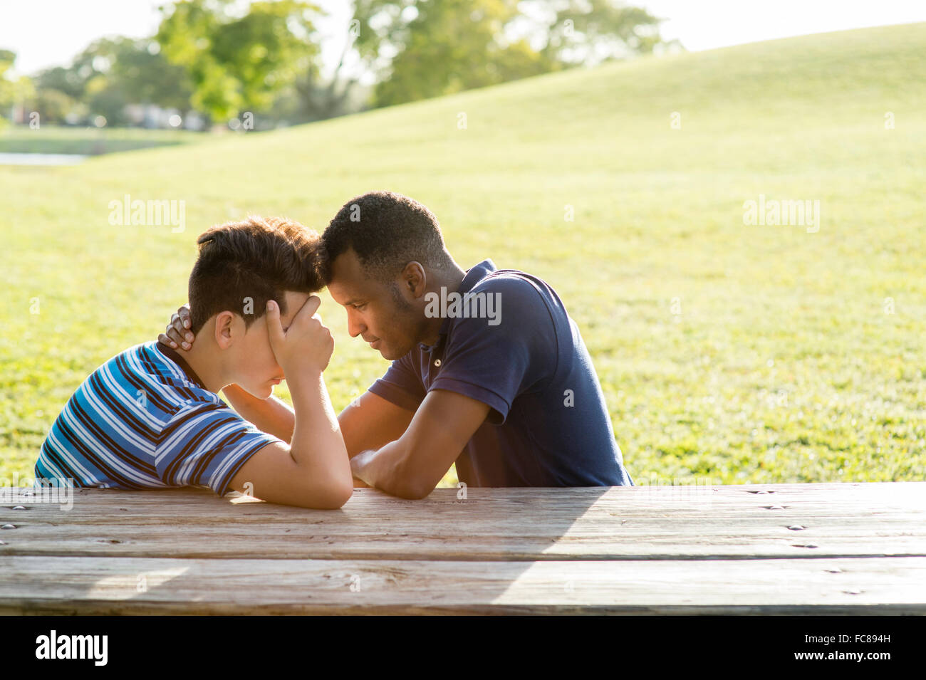 Father and son talking at table in park Stock Photo