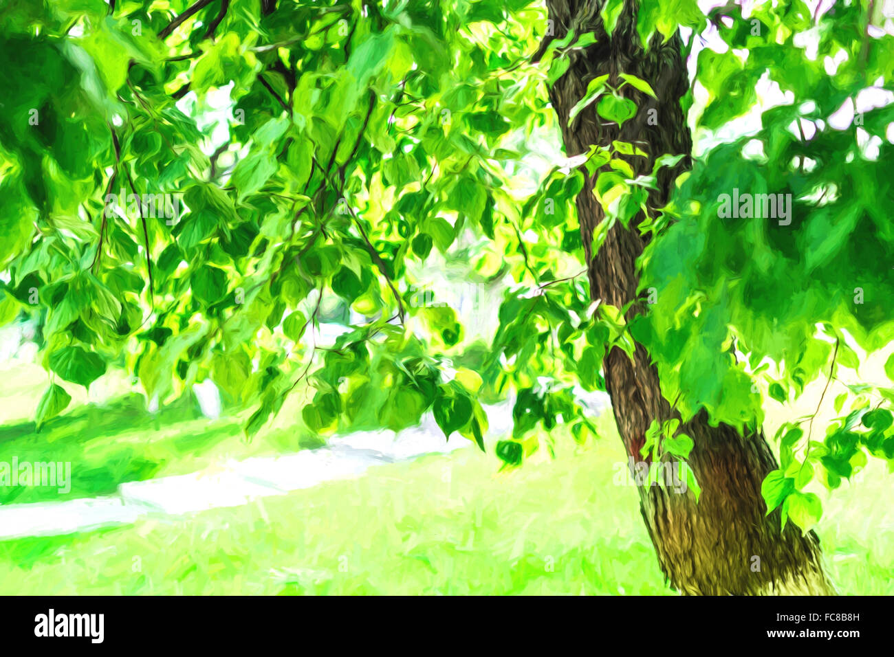 Summertime tree in natural sunlight with an oil painting style filter applied to the photograph image Stock Photo