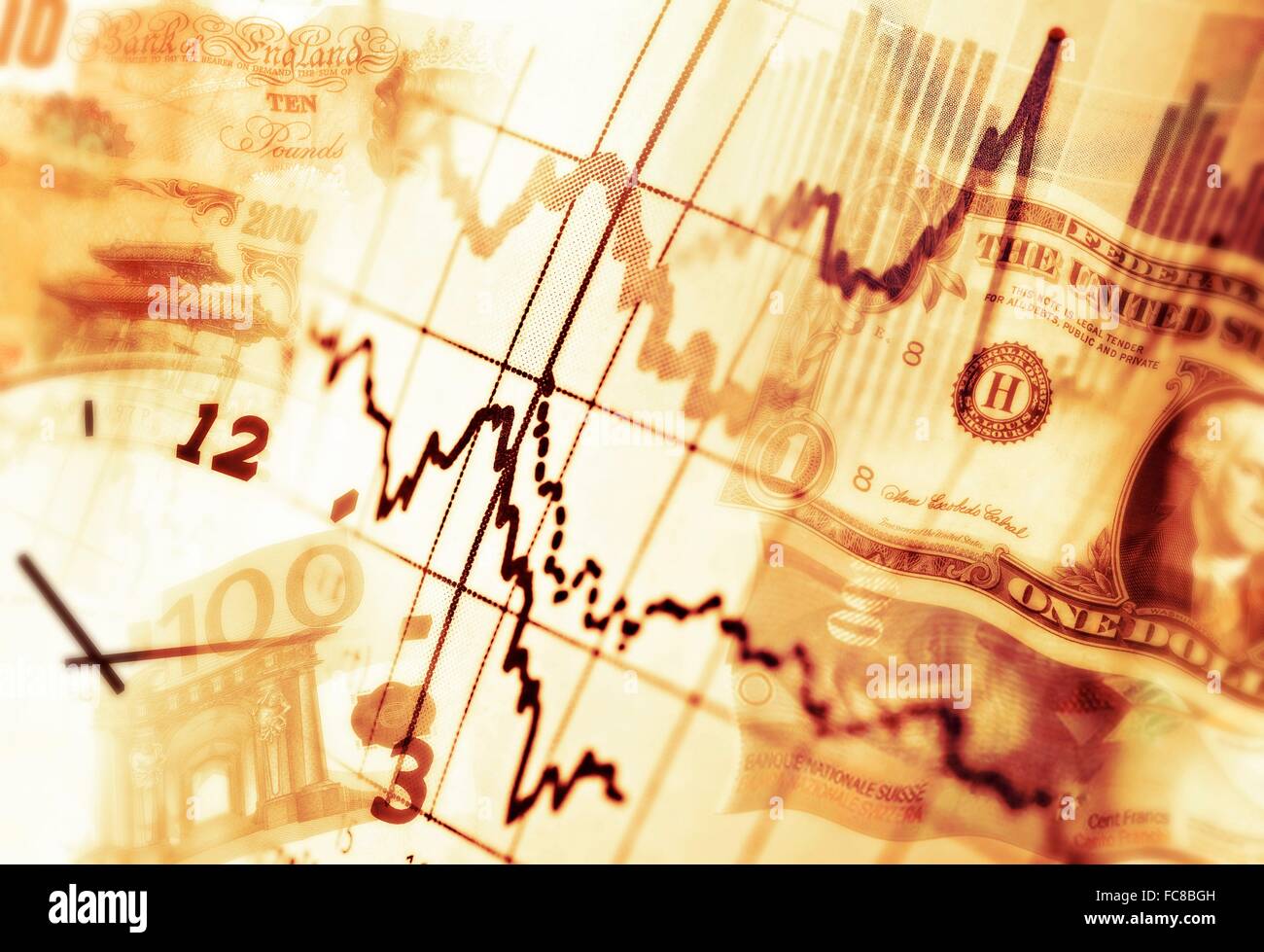 Diagrams, notes in various currencies and a clock as a symbol of the changes on the markets. Stock Photo