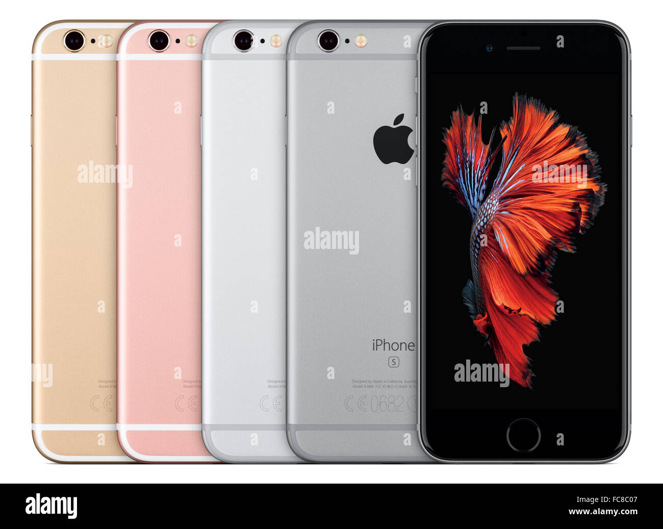 Varna, Bulgaria - October 24, 2015: Front view of Apple iPhone 6S. All colors concept: Silver, Space Gray, Gold, Rose Gold Stock Photo