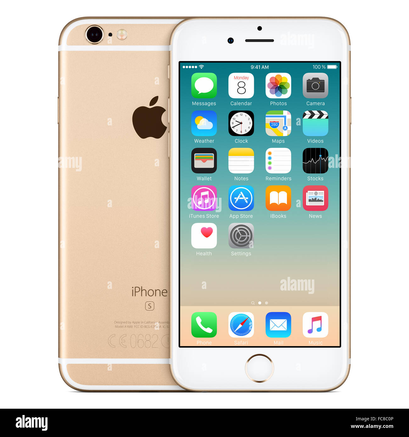 Varna, Bulgaria - October 24, 2015: Front view of Gold Apple iPhone 6S with iOS 9 mobile operating system and back side Stock Photo