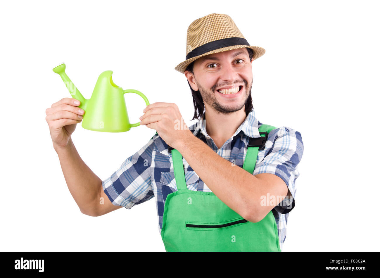 Young cheerful gardener with watering can isolated on white Stock Photo ...
