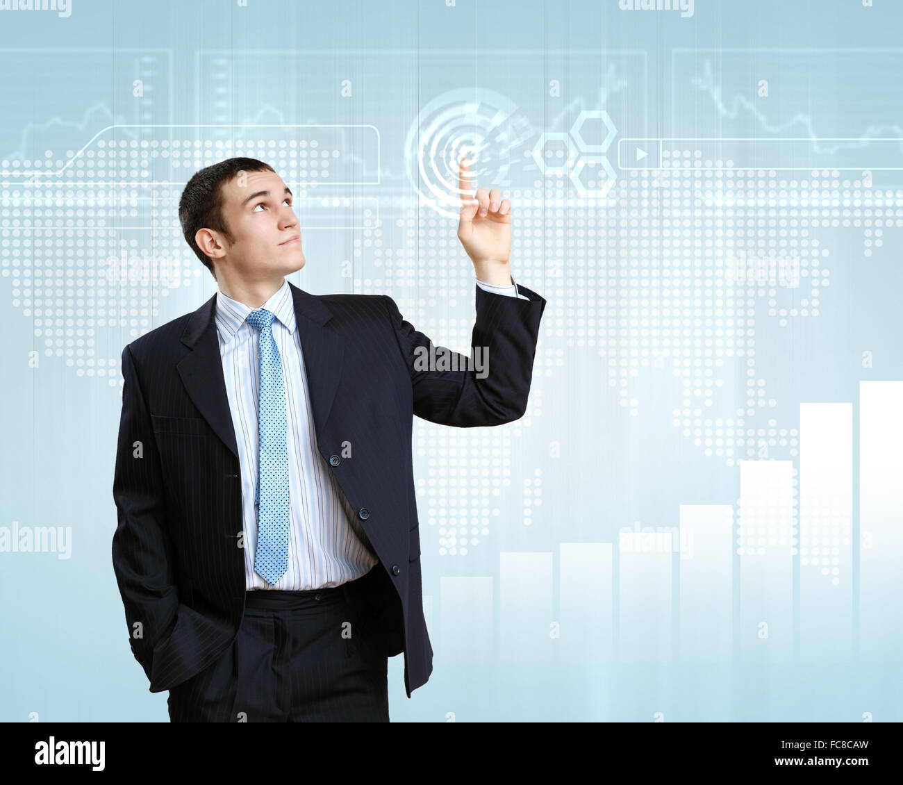 Businessman in suit working with touch screen technology Stock Photo ...