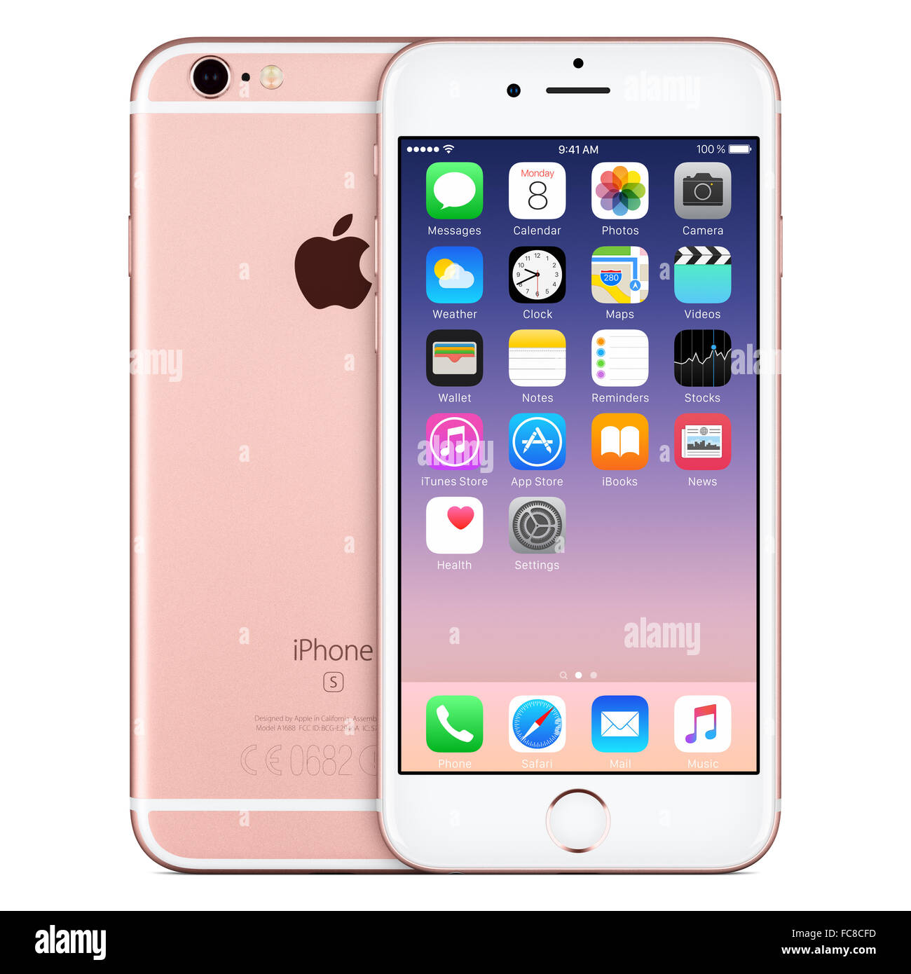 Varna, Bulgaria - October 24, 2015: Front view of Rose Gold Apple iPhone 6S with iOS 9 mobile operating system and back side Stock Photo