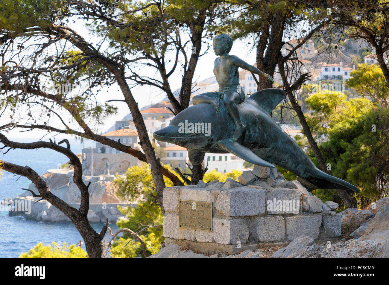Greece, Saronic Islands, Hydra. The 'Boy on a Dolphin' statue by