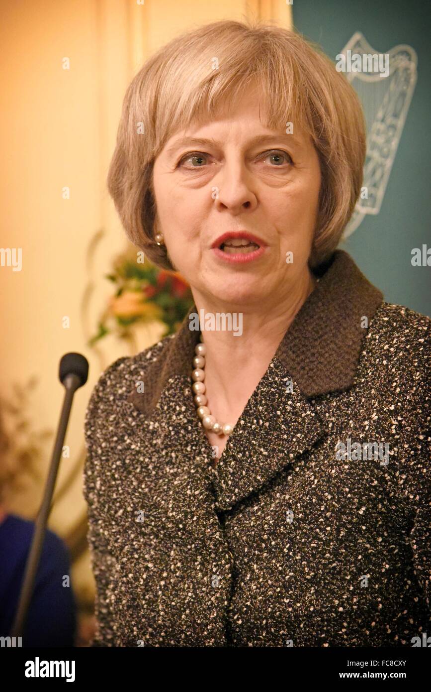 London, UK. 20th January, 2016. British Home Secretary Theresa May speaks at the annual  reception for the Journalists' Charity hosted by the Embassy of Ireland. The charity, founded 152 years ago by Charles Dicjkens and others, supports journalists throughout the media in the UK and Ireland. Credit:  Glyn Genin/Alamy Live News Stock Photo