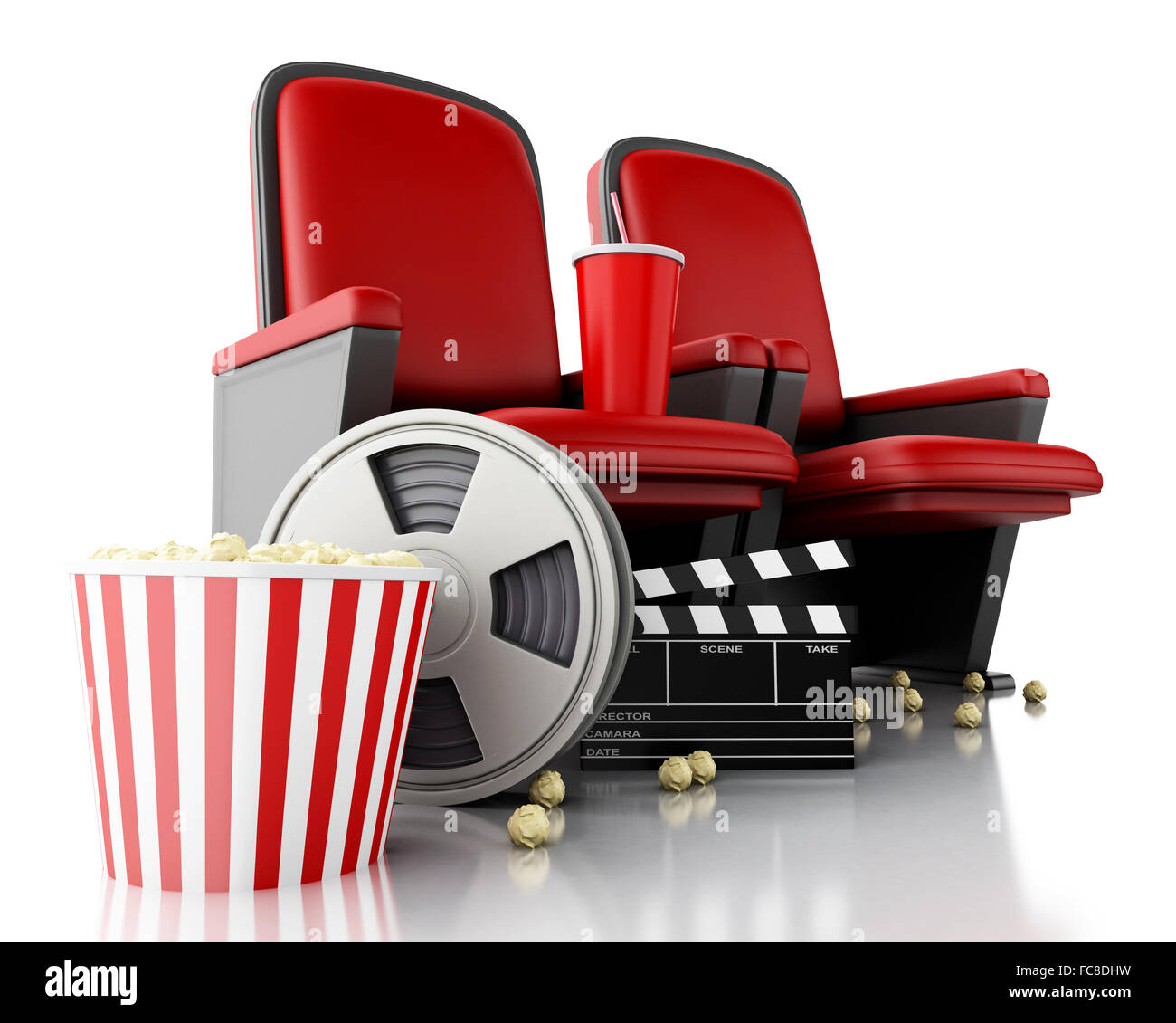 3d Film reel, popcorn and Cinema clapper board Stock Photo - Alamy