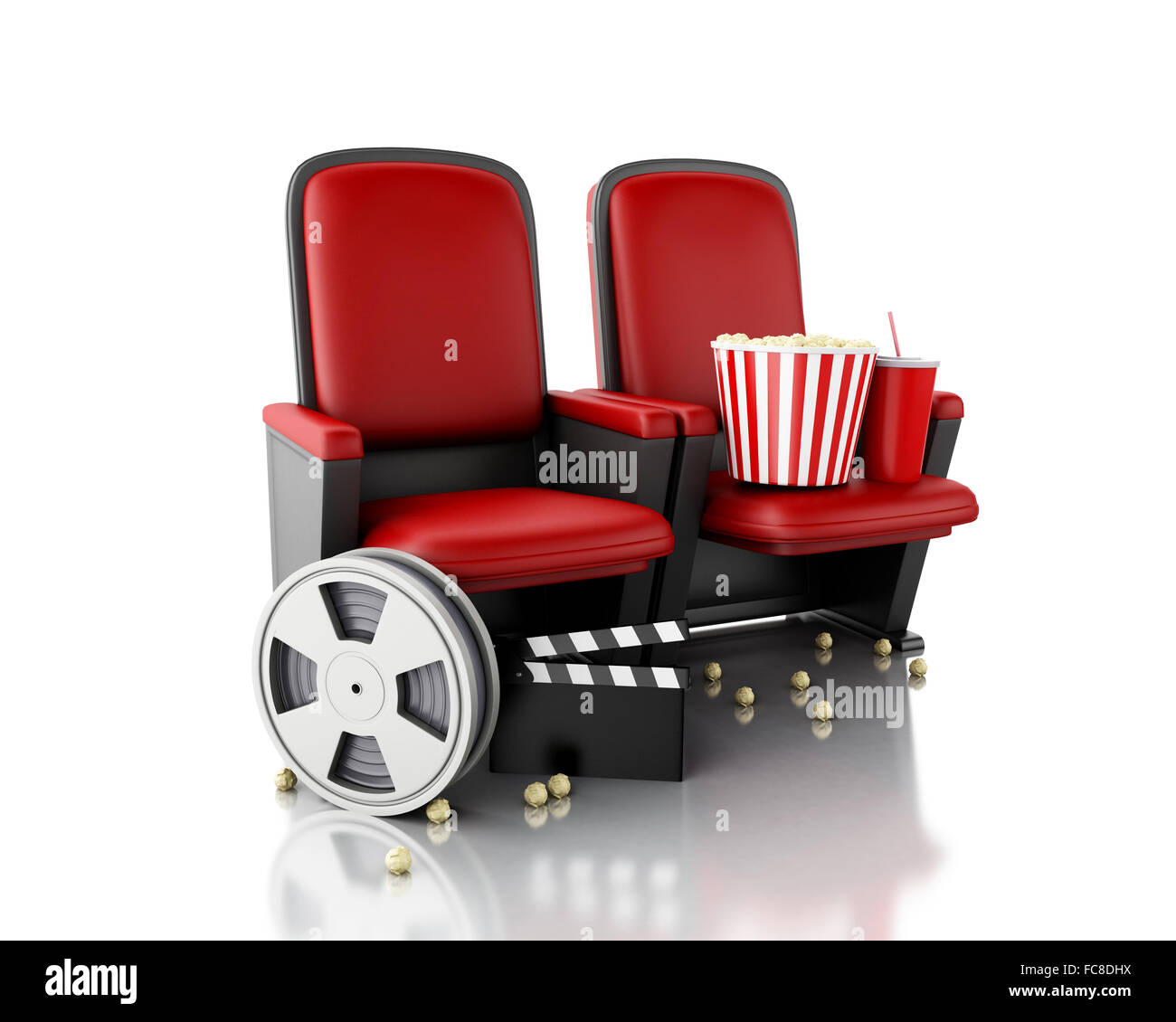 3d Film reel, popcorn and Cinema clapper board Stock Photo - Alamy