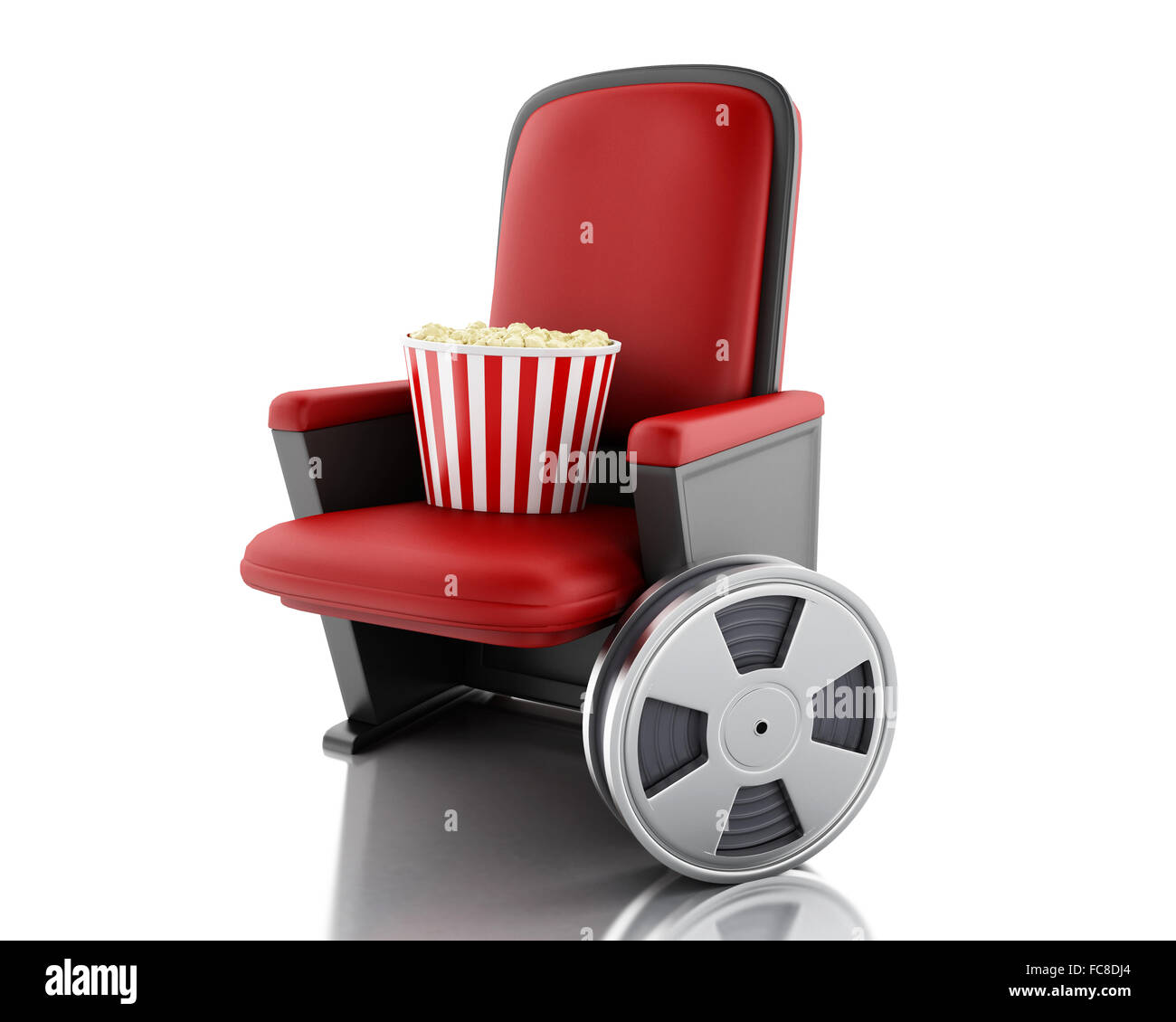 3d Film reel and popcorn on theater seat. Stock Photo