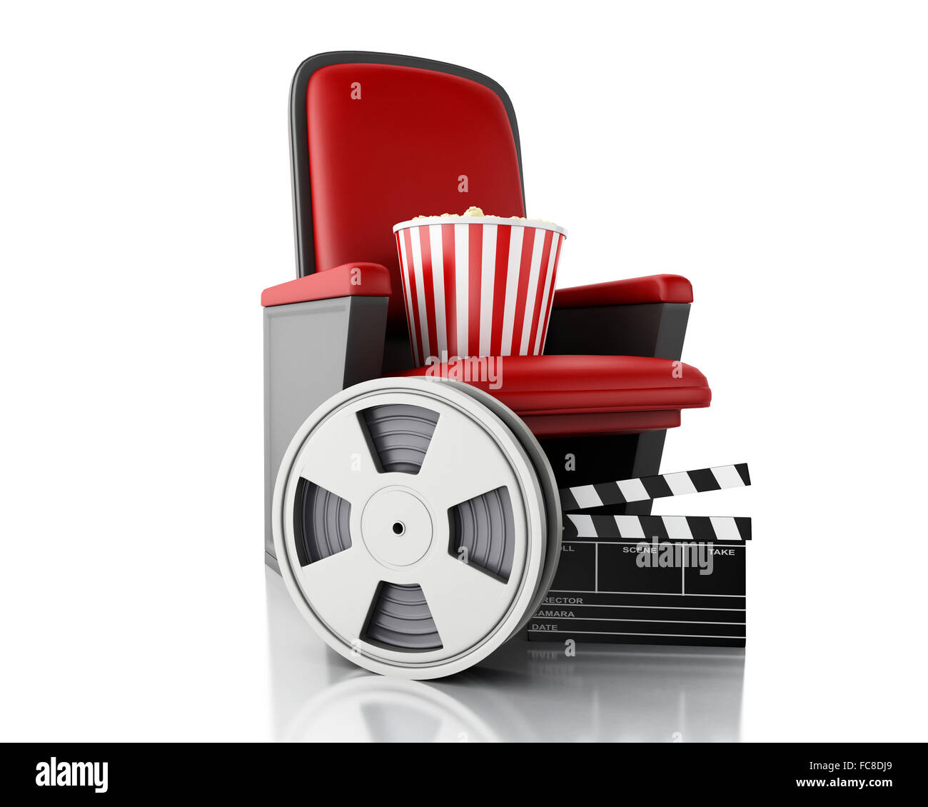 3d Film reel, popcorn and Cinema clapper board Stock Photo - Alamy