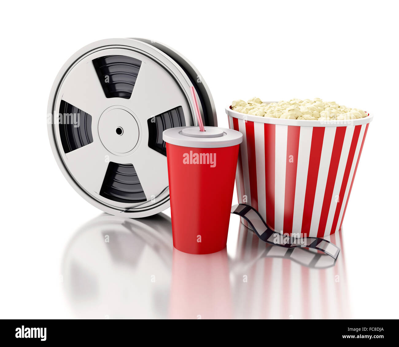 3d Film reel, popcorn and drink Stock Photo Alamy