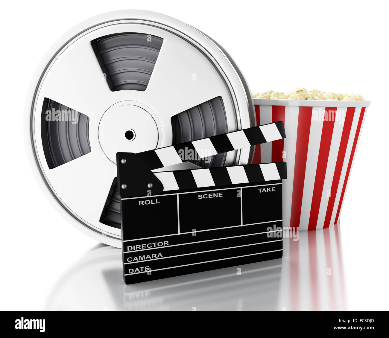 3d Cinema clapper, Film reel and popcorn Stock Photo - Alamy