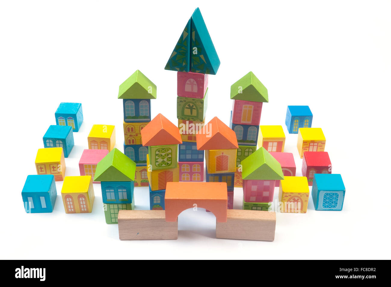 Colorful wooden block toy castle Stock Photo Alamy