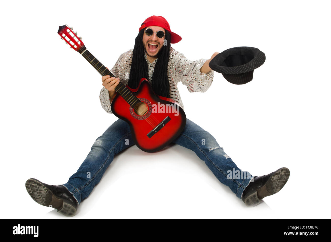 Male musician with guitar isolated on white Stock Photo