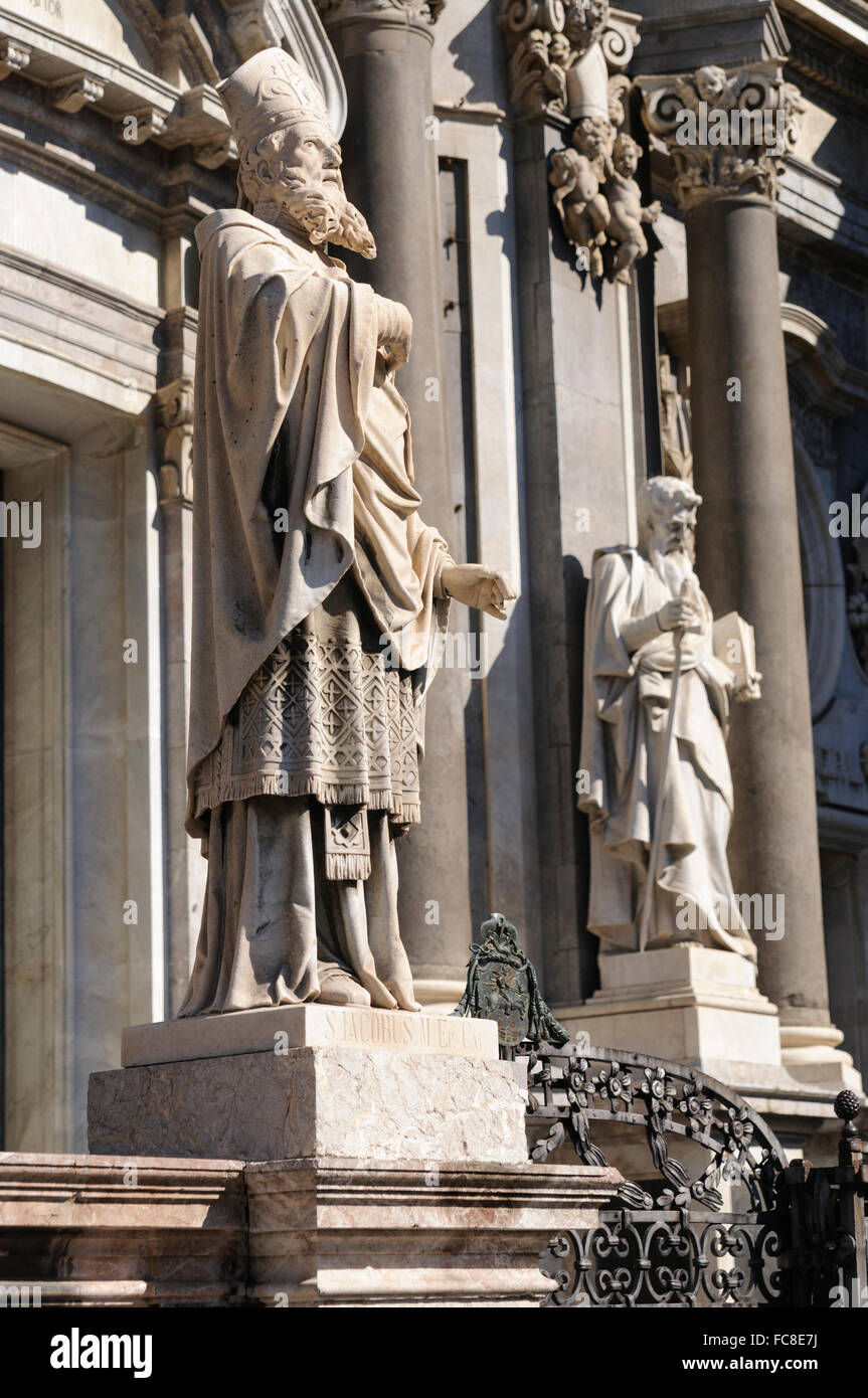 Italy, Sicily, Catania. Statue of Saint Jacob outside the Cathedral of Saint Agatha. Stock Photo