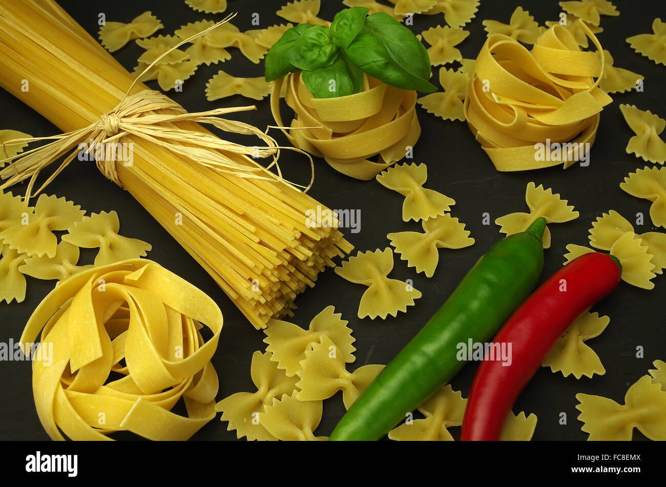noodles with hot pepper and basil Stock Photo