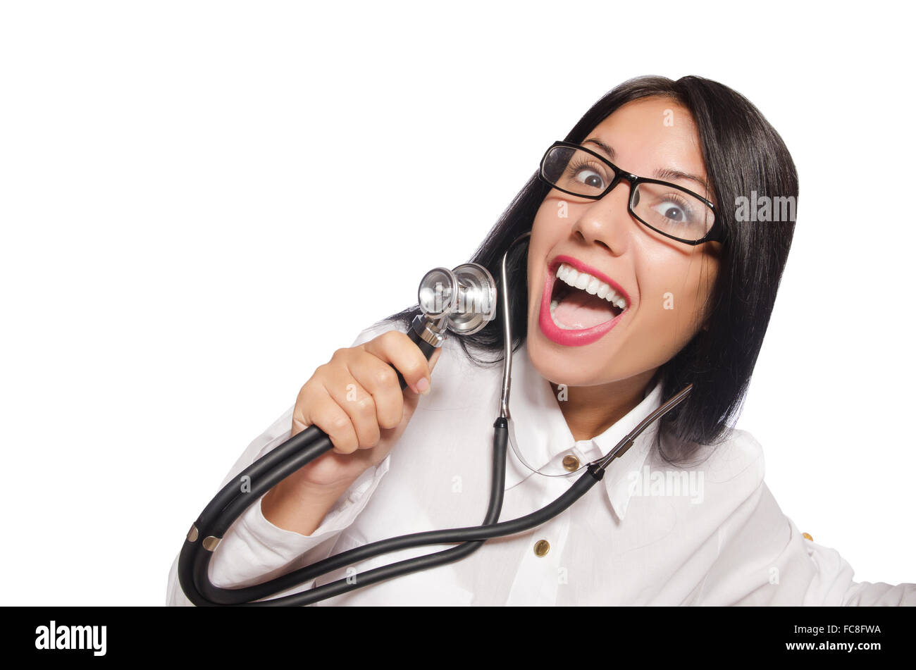 Woman doctor with stethoscope on white Stock Photo - Alamy