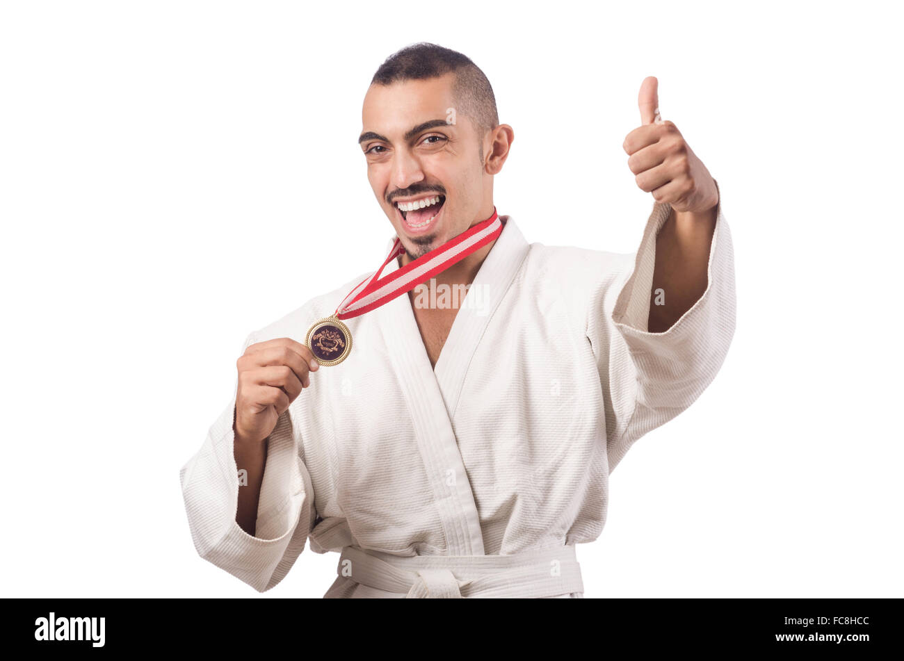 Funny karate fighter with cup on white Stock Photo - Alamy