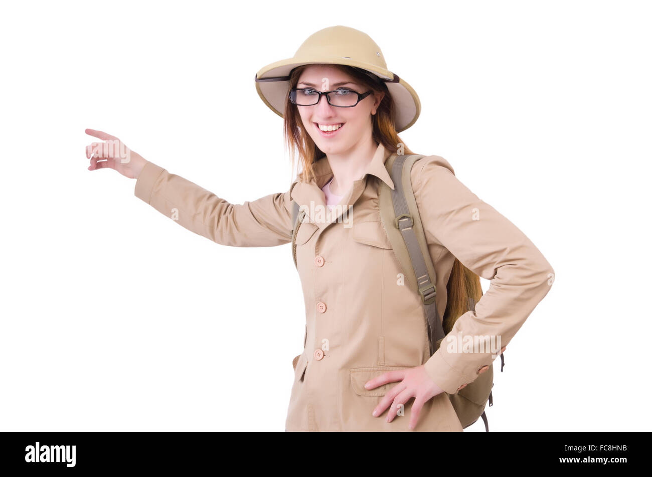 Woman wearing safari hat on white Stock Photo Alamy