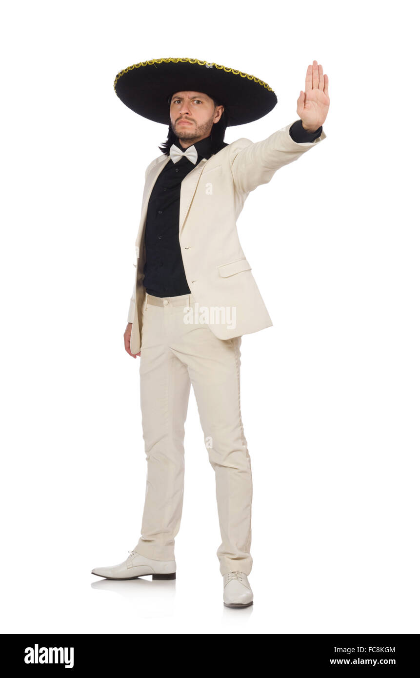 Funny mexican in suit and sombrero isolated on white Stock Photo