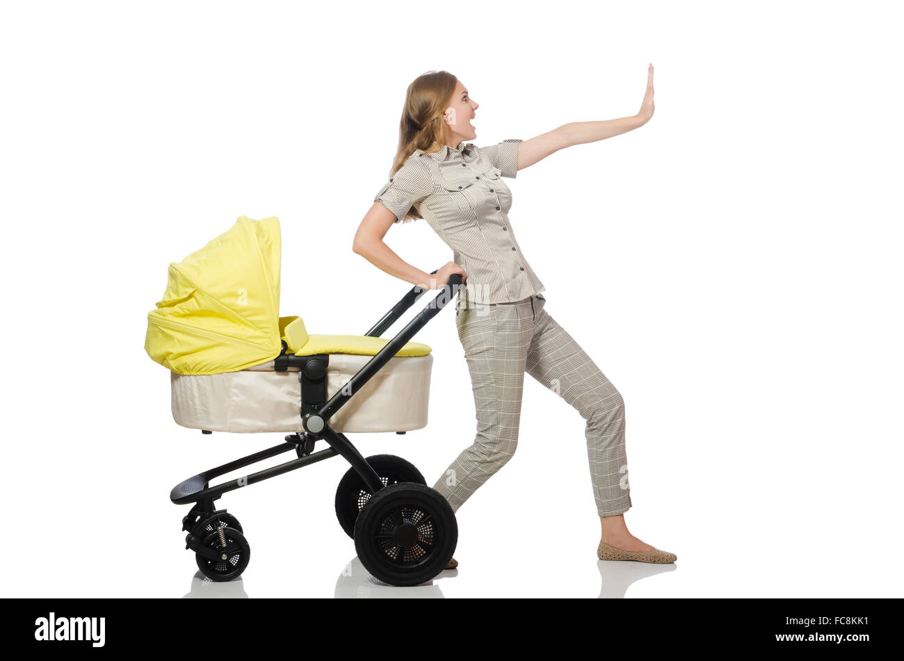 Woman with pram isolated on white Stock Photo