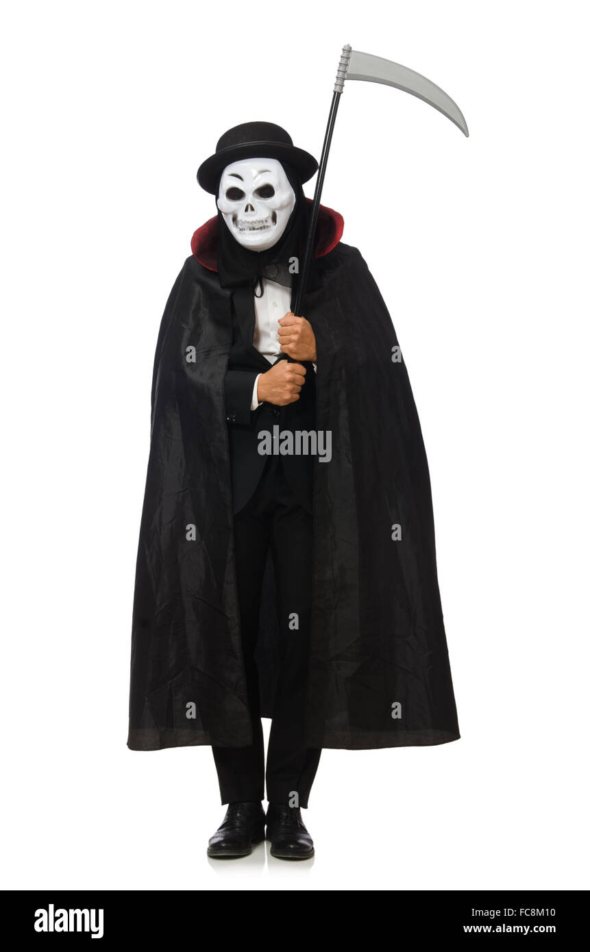 Man with scary mask isolated on white Stock Photo Alamy