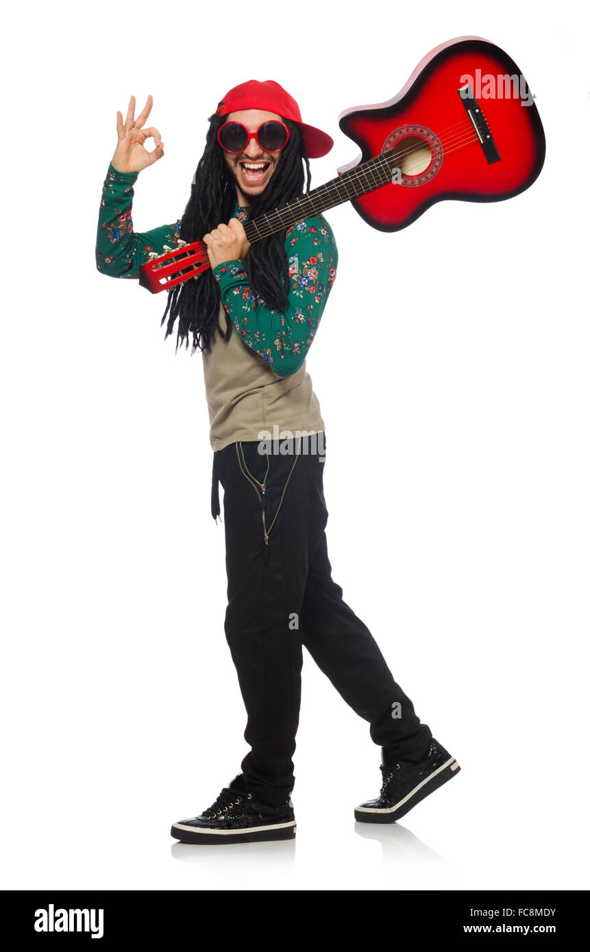 Man with guitar in musical concept on white Stock Photo